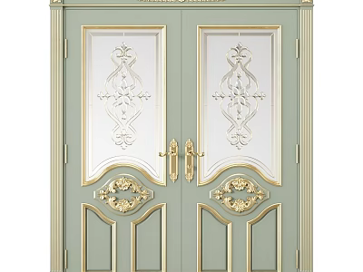Elegant Light Green Swing Doors With Golden Decorations White Glass And Intricate Patterns 3d model