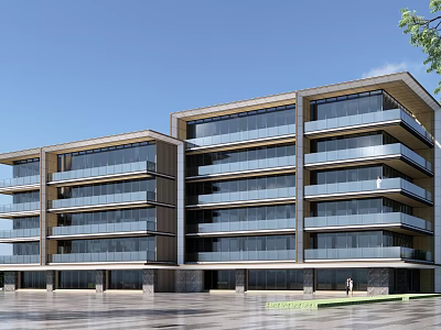 Modern Commercial Complex Featuring Multi Storey Glass Facades And Open Plaza Area 3d model