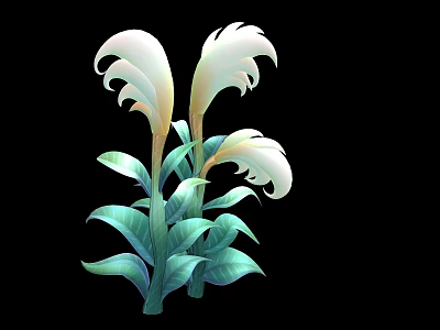 White Flowers With Curved Petals And Fresh Green Leaves On Black Background 3d model