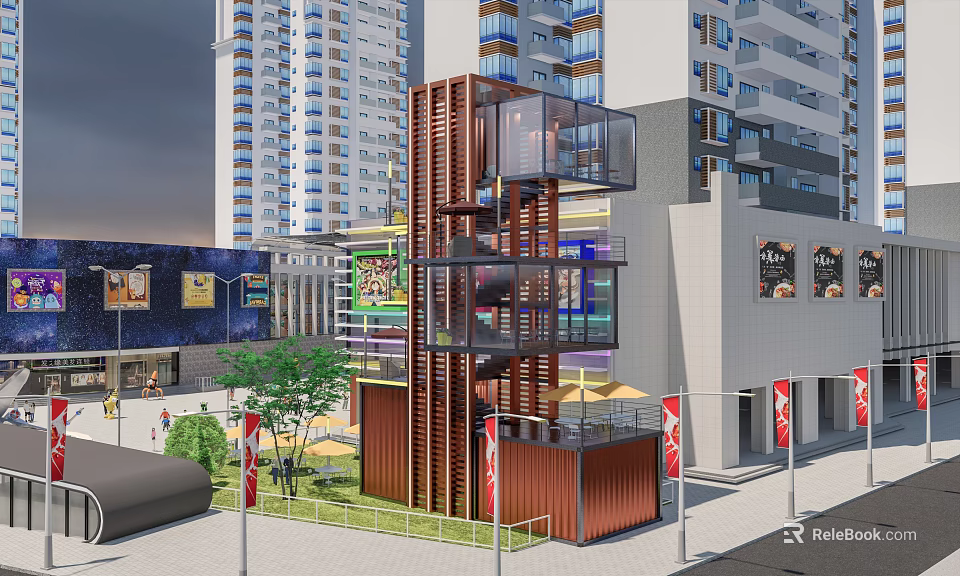 Road Facilities With Brown Glass Structure Street Lamps Green Plants By High Rise Commercial Buildings 3d model 