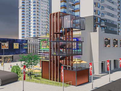 Road Facilities With Brown Glass Structure Street Lamps Green Plants By High Rise Commercial Buildings 3d model
