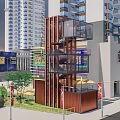 Road Facilities With Brown Glass Structure Street Lamps Green Plants By High Rise Commercial Buildings