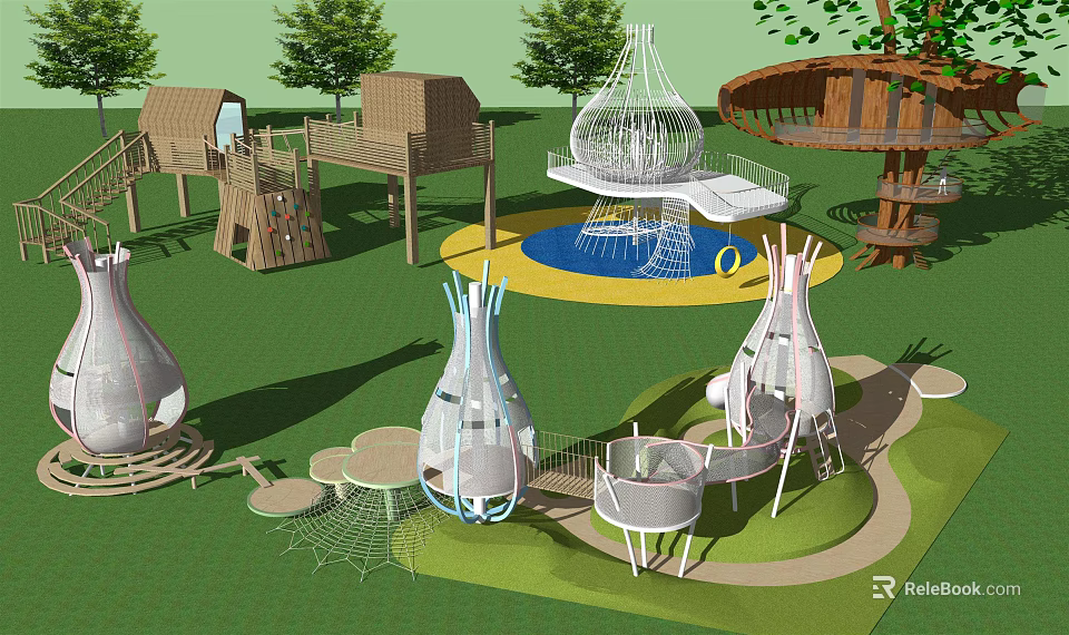 Children's Outdoor Play Area With Wooden Structures Net Climbing And Circular Design 3d model 