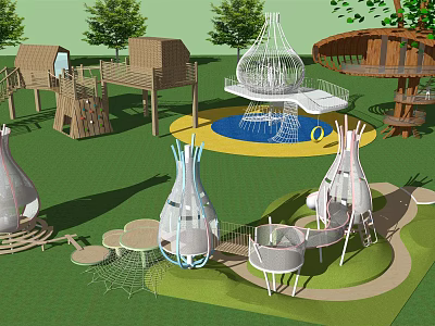 Children's Outdoor Play Area With Wooden Structures Net Climbing And Circular Design 3d model