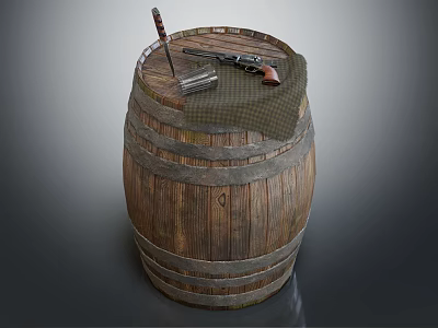 Vintage Wooden Barrel Decorative Ornament Set With Gun Knife And Plaid Cloth 3d model