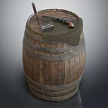 Vintage Wooden Barrel Decorative Ornament Set With Gun Knife And Plaid Cloth