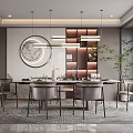 Modern Elegant Restaurant Interior With Dining Table Chairs Circular Wall Decor Hanging Lights Potted Plant