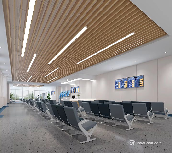 Modern Hospital Outpatient Waiting Area Interior With Wooden Ceiling White Walls Chairs And Electronic Displays 3d model 