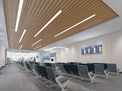 Modern Hospital Outpatient Waiting Area Interior With Wooden Ceiling White Walls Chairs And Electronic Displays 3d model