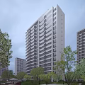 Modern High Rise Residential Building With Multiple Balconies And Evening Lights Surrounded By Trees