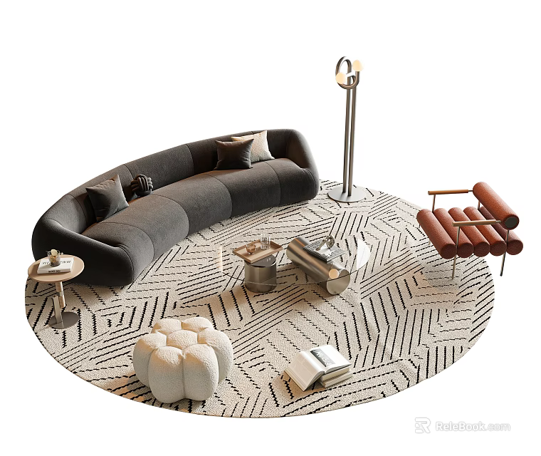 Modern Gray Curved Sofa Coffee Table Set With Metal Floor Lamp Brown Armchair Striped Rug 3d model 