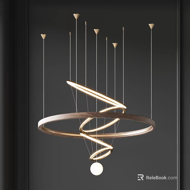 Modern Spiral Chandelier Design With Illuminated Metal And Wooden Rings For Interior 3d model 