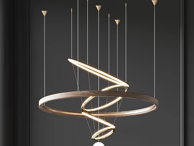 Modern Spiral Chandelier Design With Illuminated Metal And Wooden Rings For Interior 3d model
