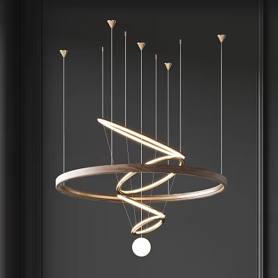 Modern Spiral Chandelier Design With Illuminated Metal And Wooden Rings For Interior 3d model