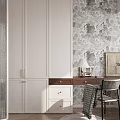 Modern Home Office Desk With White Cabinet Marble Wall Curtain And Chair With Plaid Blanket