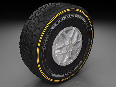 Michelin Tire With Silver Metallic Wheel Rim Yellow Sidewall Stripe And Tread Pattern 3d model