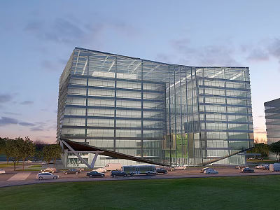 Modern Office Building With Curved Glass Curtain Wall Green Lawn And Parked Vehicles At Twilight 3d model