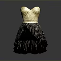 Elegant Gold Sequined Dress With Heart Neckline And Black Fringe Skirt