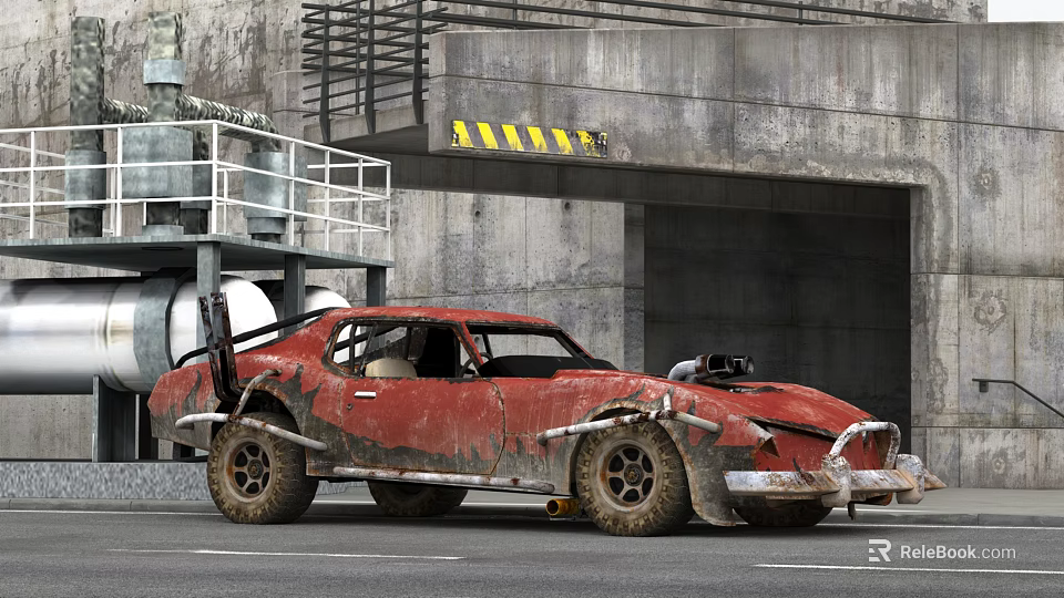 Rusty Red Abandoned Car Parked By Industrial Concrete Structure With Metal Platform 3d model 