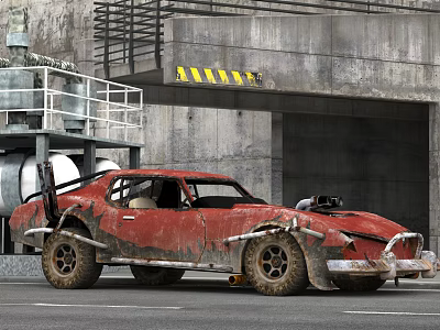 Rusty Red Abandoned Car Parked By Industrial Concrete Structure With Metal Platform 3d model