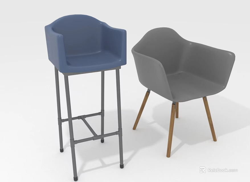 Stylish Blue Bar Stool And Gray Chair With Armrests Metal And Wooden Legs 3d model 