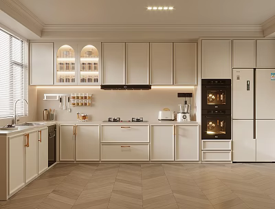 Modern Kitchen Interior Design With White Cabinets Built-in Appliances And Herringbone Floor 3d model