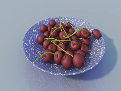 Blue Cracked Ceramic Plate Holding Fresh Red Cherries on Light Background 3d model