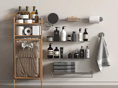 Bathroom Accessories Set With Wooden Shelf Towels Bottles Mirror And Toilet Paper Holder 3d model