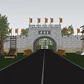 Ancient Style Gate with City Wall Flags Road and Wooden Buildings in Grassland