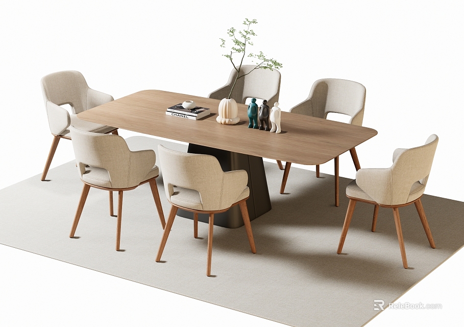 Modern Wooden Dining Table Set With Six Light Colored Chairs Green Plant And Books 3d model 