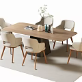 Modern Wooden Dining Table Set With Six Light Colored Chairs Green Plant And Books