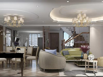Elegant Open American Style Living And Dining Room With Comfortable Furniture And Luxury Golden Chandeliers 3d model