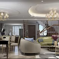 Elegant Open American Style Living And Dining Room With Comfortable Furniture And Luxury Golden Chandeliers