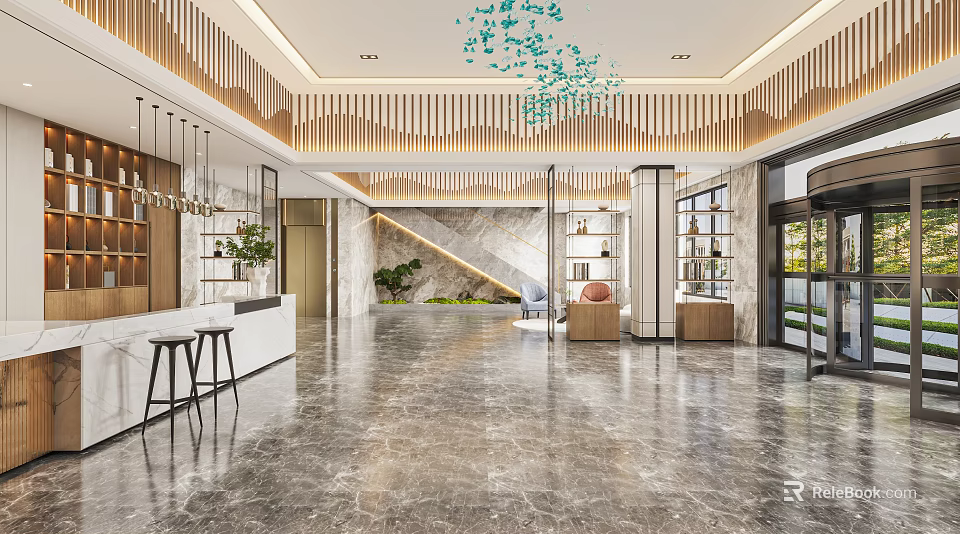Modern Hotel Lobby Interior Design With Marble Floor Wooden Decor Green Plants And Sofa Seating 3d model 