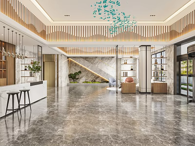 Modern Hotel Lobby Interior Design With Marble Floor Wooden Decor Green Plants And Sofa Seating 3d model