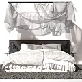 Modern Double Bed With Black Headboard White Bedding And Sheer Curtains On Gray Rug
