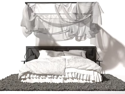 Modern Double Bed With Black Headboard White Bedding And Sheer Curtains On Gray Rug 3d model