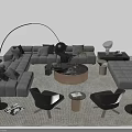 Elegant Modern Sofa Coffee Table Combination With Gray Plush Seats Round Table And Floor Lamp 3d model