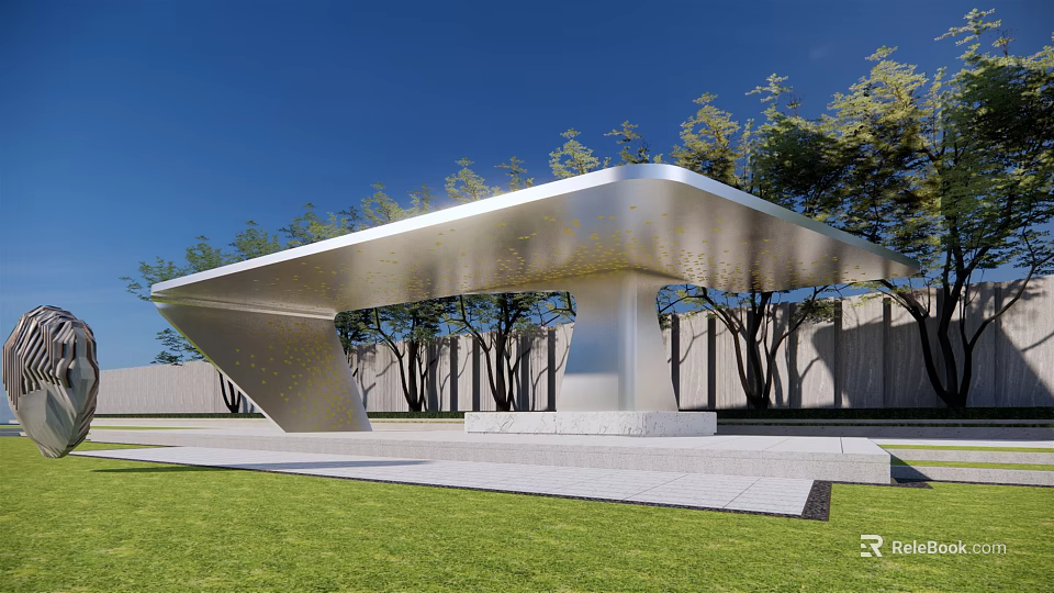 Modern Metallic Pergola with Sloped Roof Surrounded by Green Grass and Trees 3d model 