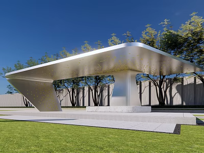 Modern Metallic Pergola with Sloped Roof Surrounded by Green Grass and Trees 3d model