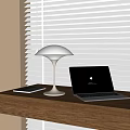 Modern Desk Lamp On Wooden Desk With Laptop And Closed Notebook Near Window Blinds
