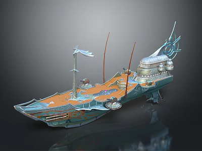 Decorative Fantasy Ship Model With Orange Deck Blue Hull And Ornate Tower 3d model