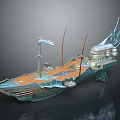 Decorative Fantasy Ship Model With Orange Deck Blue Hull And Ornate Tower