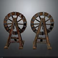 Two Vintage Spoked Wooden Wheels Featuring Metal Accents On Stands