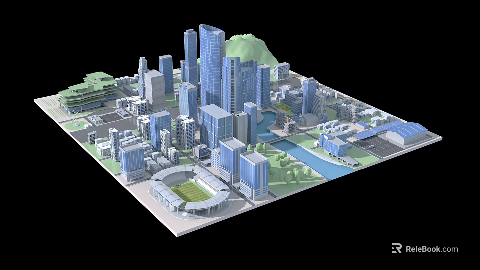 Urban Aerial View Planning With High Rise Buildings Stadium River And Green Spaces 3d model 
