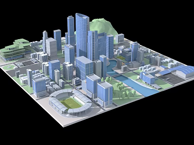 Urban Aerial View Planning With High Rise Buildings Stadium River And Green Spaces 3d model