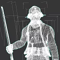 Post Apocalyptic Game Character With Breathing Mask Holding Staff And Mechanical Uniform