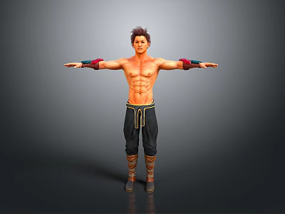 Shirtless Muscular Man With Red And Blue Arm Guards Arms Outstretched In Black Pants 3d model