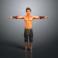 Shirtless Muscular Man With Red And Blue Arm Guards Arms Outstretched In Black Pants