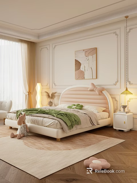 Double Bed with Pink Curved Headboard Bow Detail Green Blanket White Nightstand Lamp Beige Curtains 3d model 